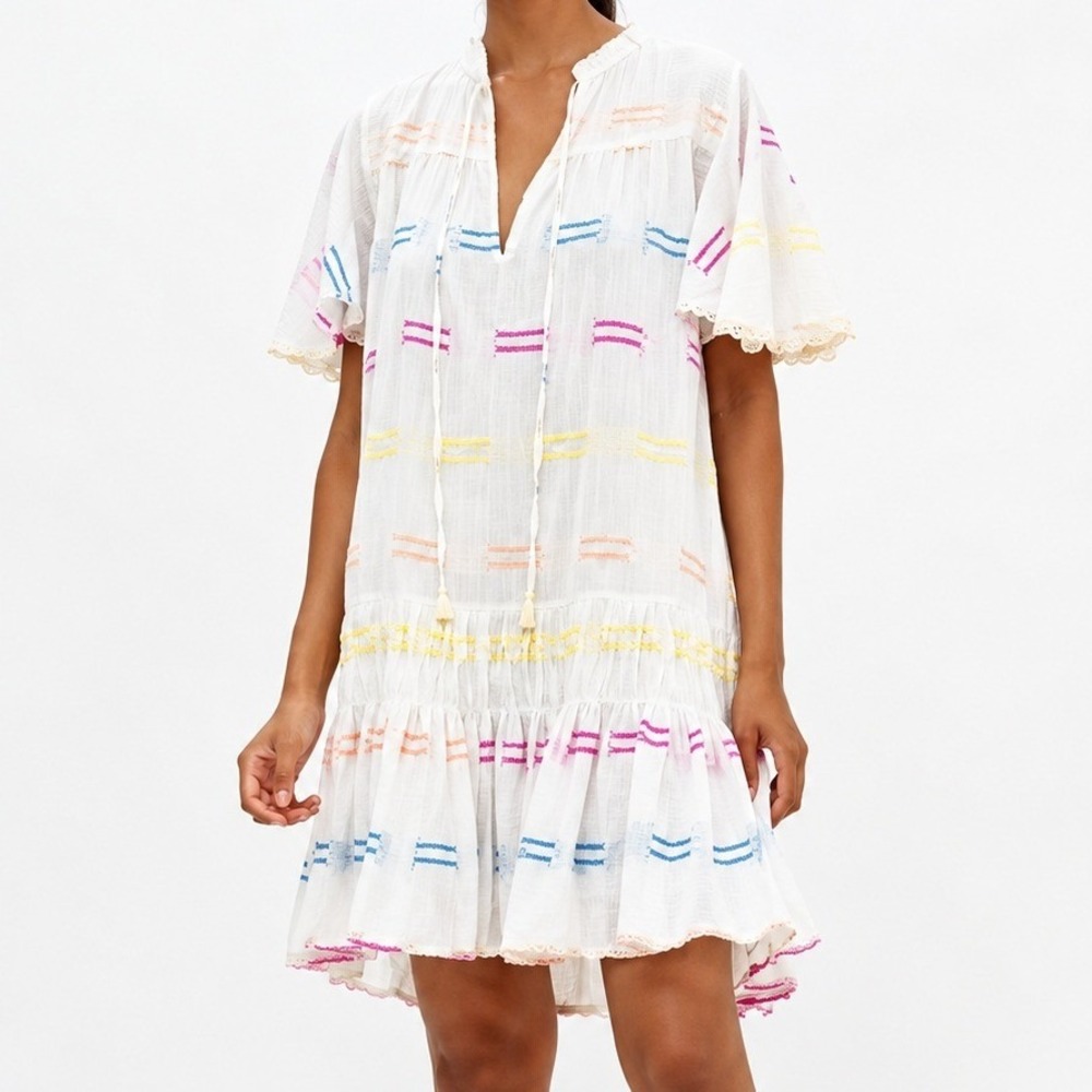 Oliphant Smocked Drop Mini Dress White Santiago Multicolor Embroidered Cotton S